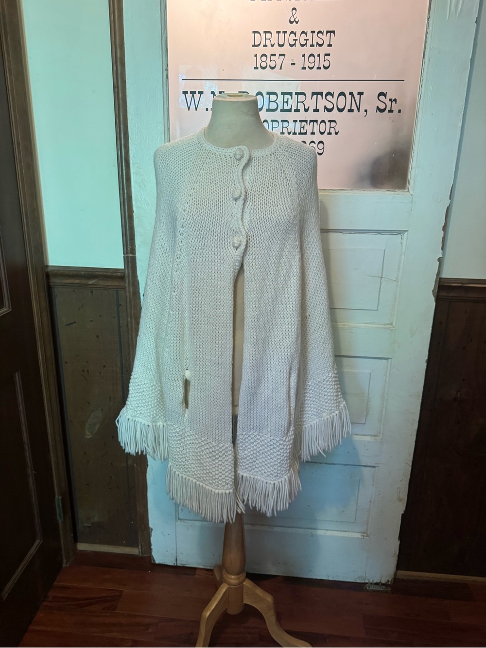 Hand Knit Vintage Granny Church Cream Fringe Knit Women's Sweater Cape